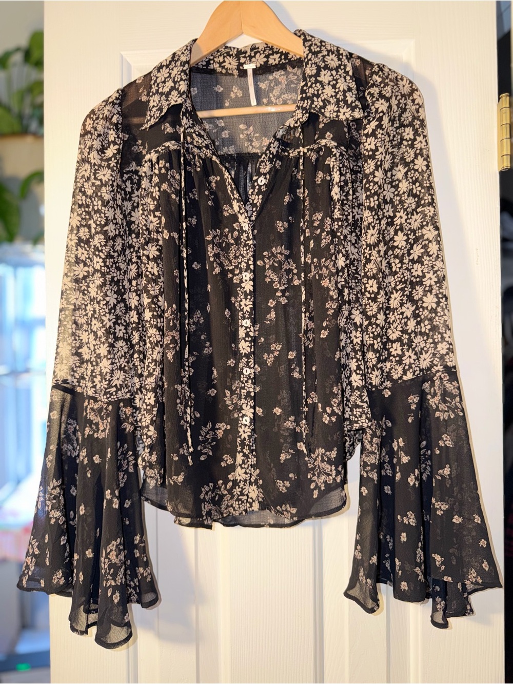 Free People Black Floral Sheer Button Front Blouse Bell Sleeve Boho Top SP